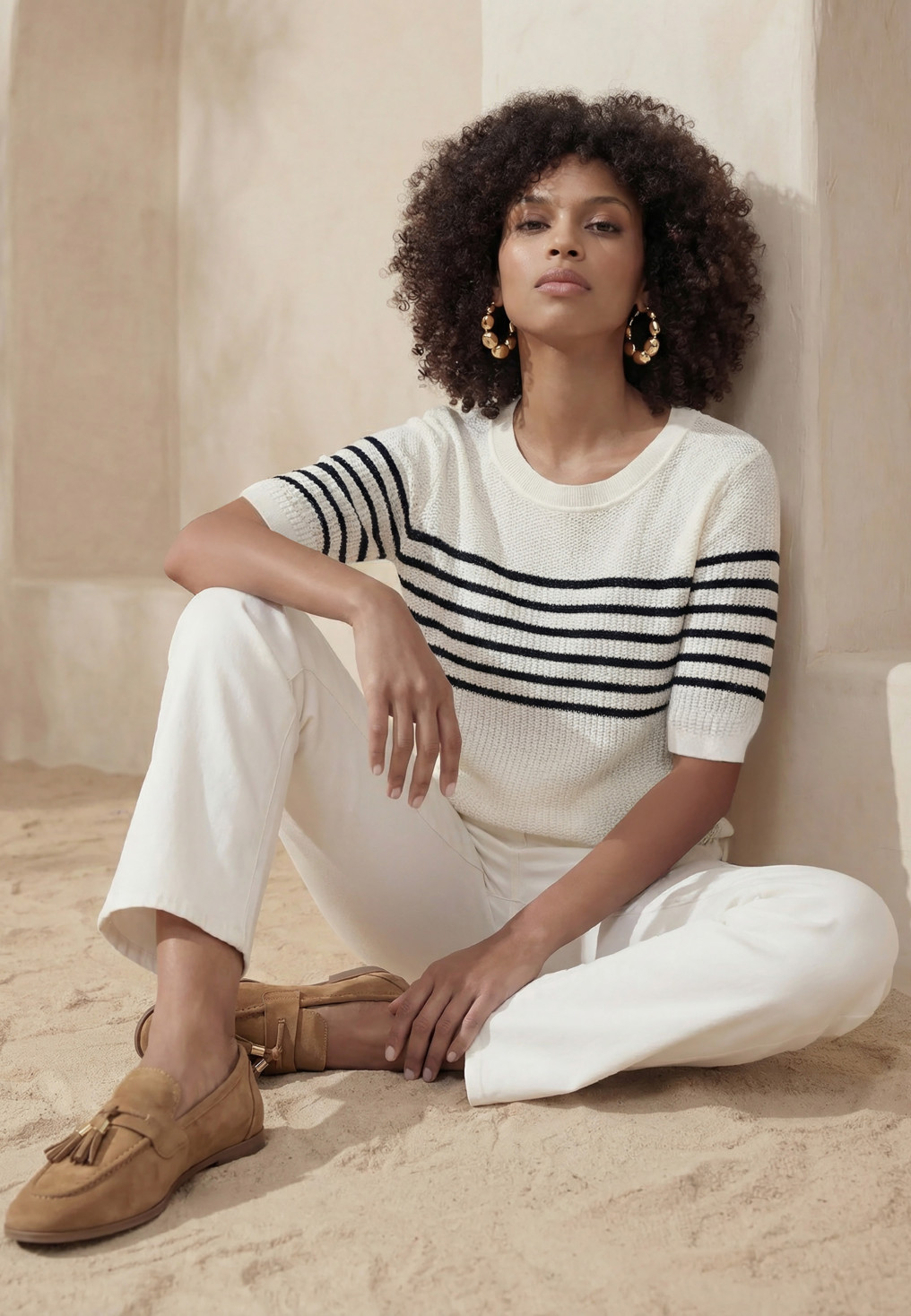PULL MANCHE COURTE - LOANEC - OFF WHITE/MARINE - Un Jour Ailleurs